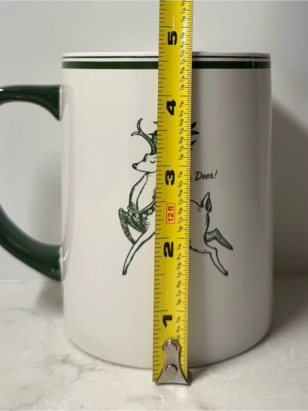 Sur La Table White Ceramic Mug with Dark Green Handle and Trim Christmas